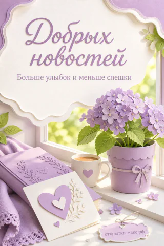Горшок с сиреневой гортензией, белая кружка кофе и открытка с сердечком на светлом подоконнике