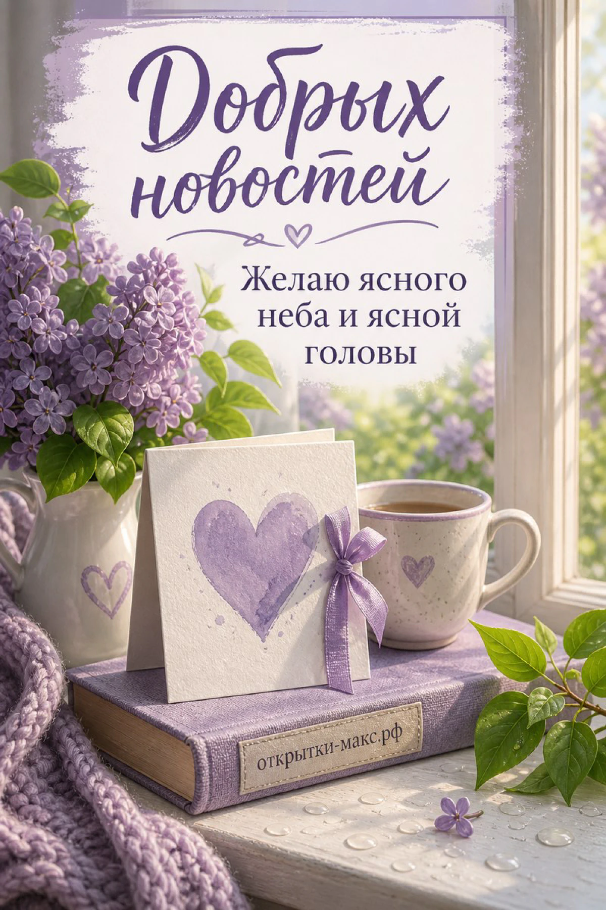 Книга с открыткой-сердечком, чашка чая и ветки сирени у солнечного окна с вязаным пледом