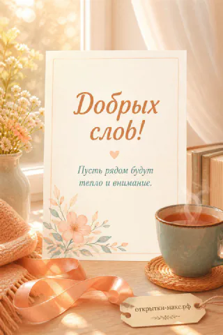 Открытка с персиковыми цветами у окна, кружка чая на деревянном подносе рядом с книгами
