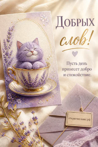 Нарисованный сиреневый котик сидит в фарфоровой чашке с лавандой на лиловом фоне