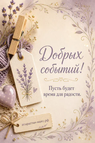 Бумажный ярлык с рисунком лаванды, закреплённый деревянной прищепкой, рядом с вязаным сердечком на бежево-золотом фоне