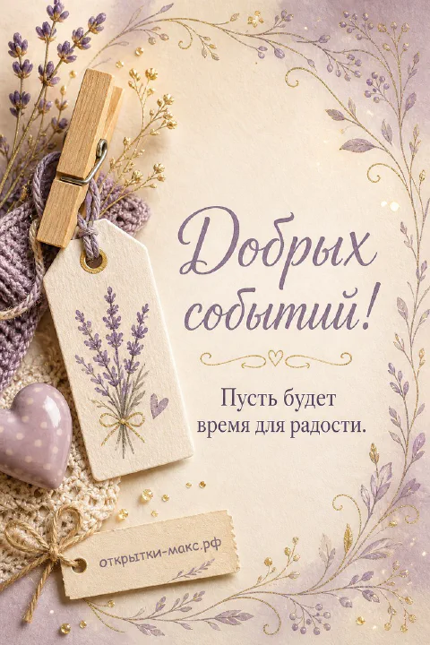 Бумажный ярлык с рисунком лаванды, закреплённый деревянной прищепкой, рядом с вязаным сердечком на бежево-золотом фоне