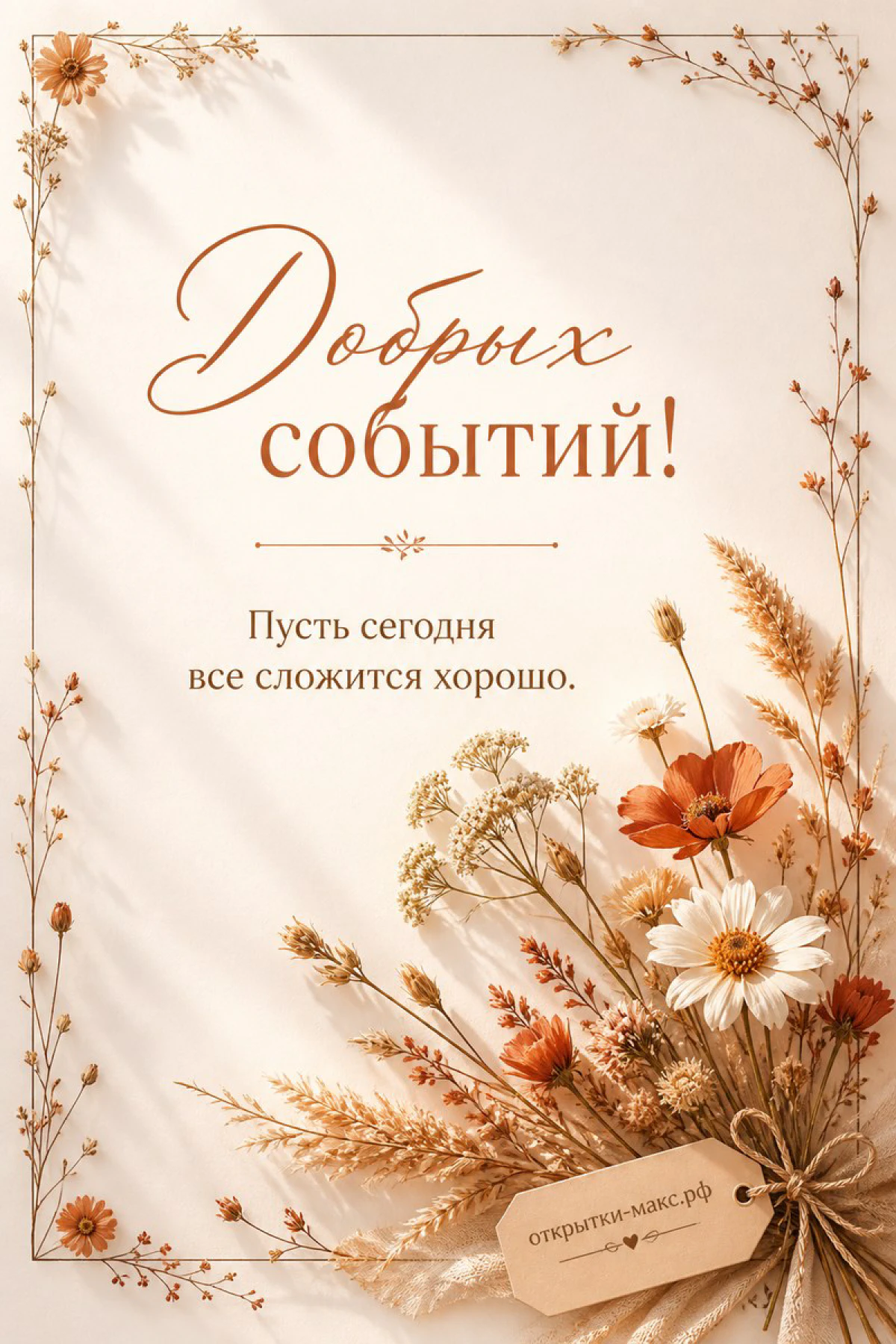 Букет полевых цветов с ромашками и злаками на светлом фоне с надписью Добрых событий