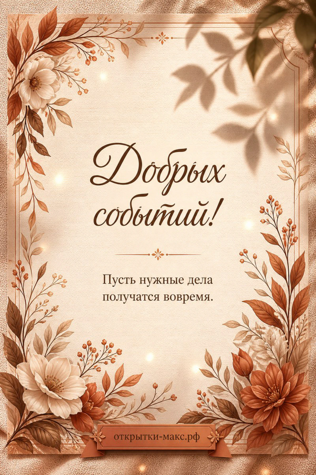 Открытка с терракотовой цветочной рамкой и надписью Добрых событий на бежевом фоне