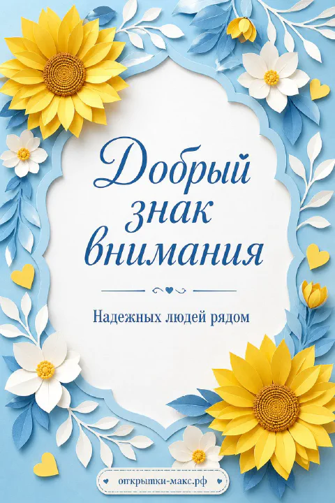 Крупные жёлтые бумажные подсолнухи и белые цветы на голубом фоне с сердечками