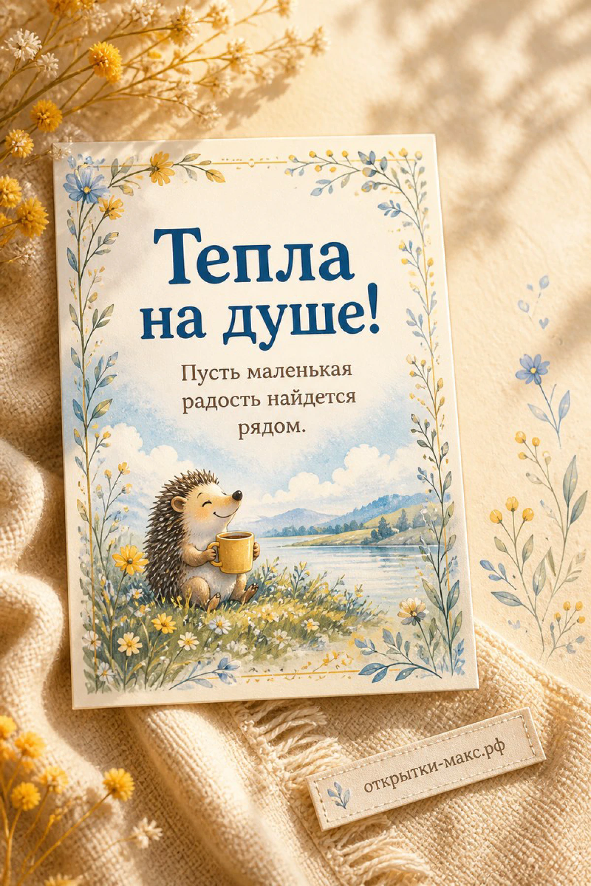 Иллюстрация ёжика с кружкой среди жёлтых полевых цветов у реки в стиле акварели