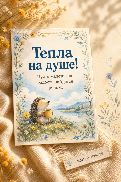 Иллюстрация ёжика с кружкой среди жёлтых полевых цветов у реки в стиле акварели