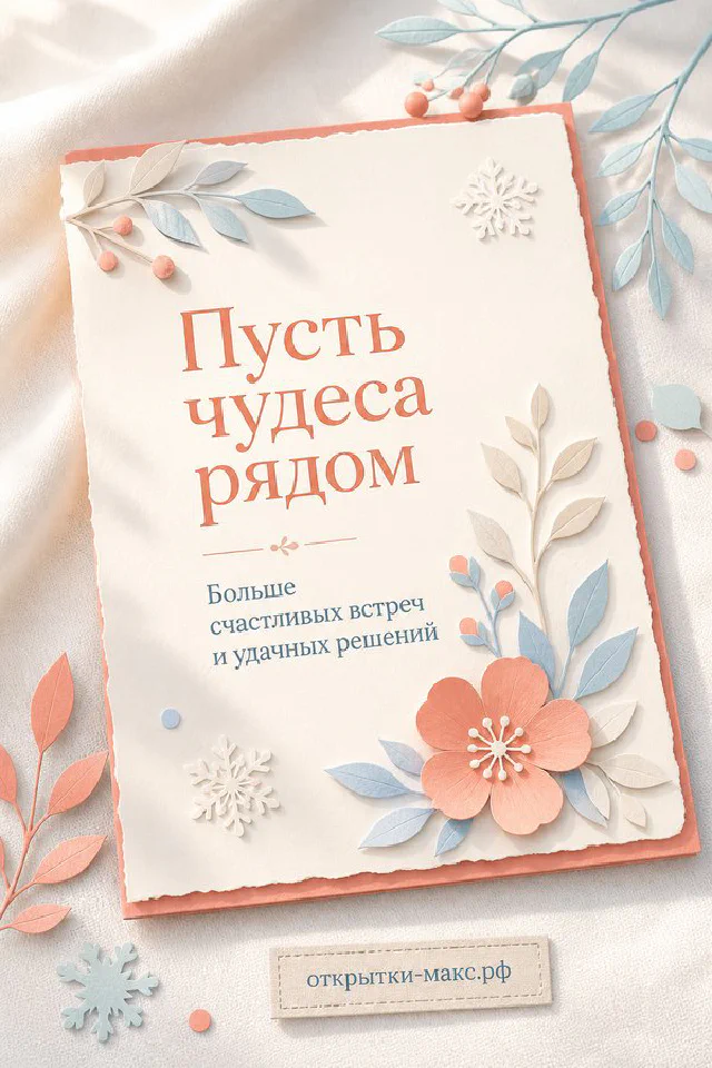 Белый декоративный фонарь со свечой рядом с заснеженными еловыми ветками и золотыми шарами, надпись «Пусть чудеса рядом» — вариант 2
