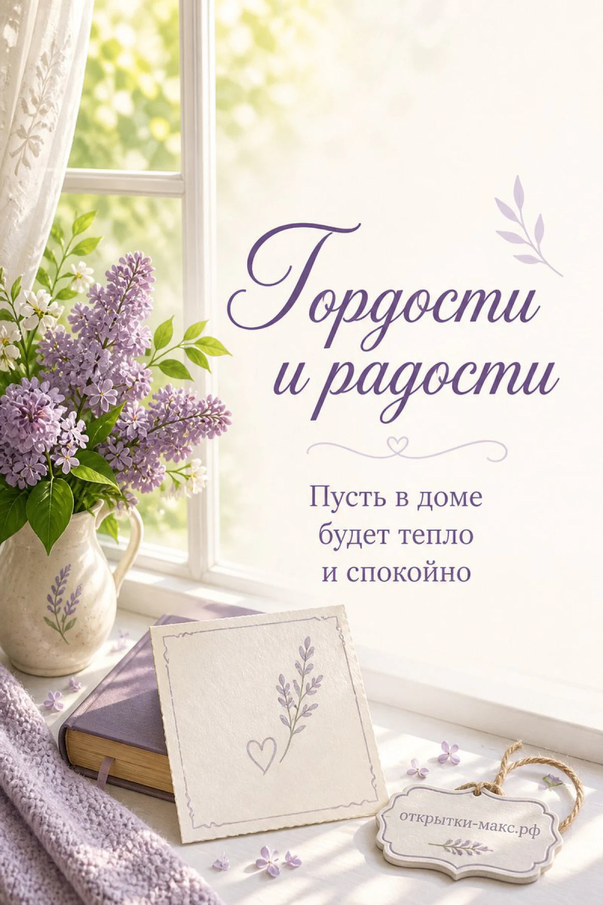 Белая ваза с сиренью на подоконнике у окна, рядом книга, плед и маленькая открытка с веточкой