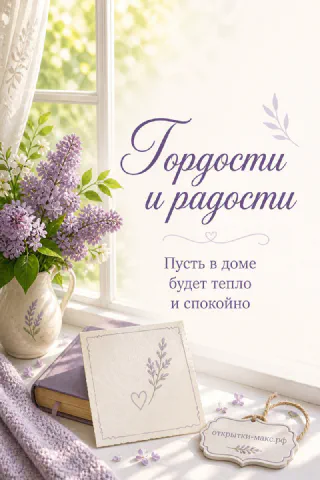 Белая ваза с сиренью на подоконнике у окна, рядом книга, плед и маленькая открытка с веточкой
