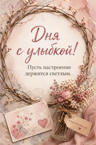 Нежная открытка настроения: венок из ветвей, розовый пион в вазе и письмо с сердечком