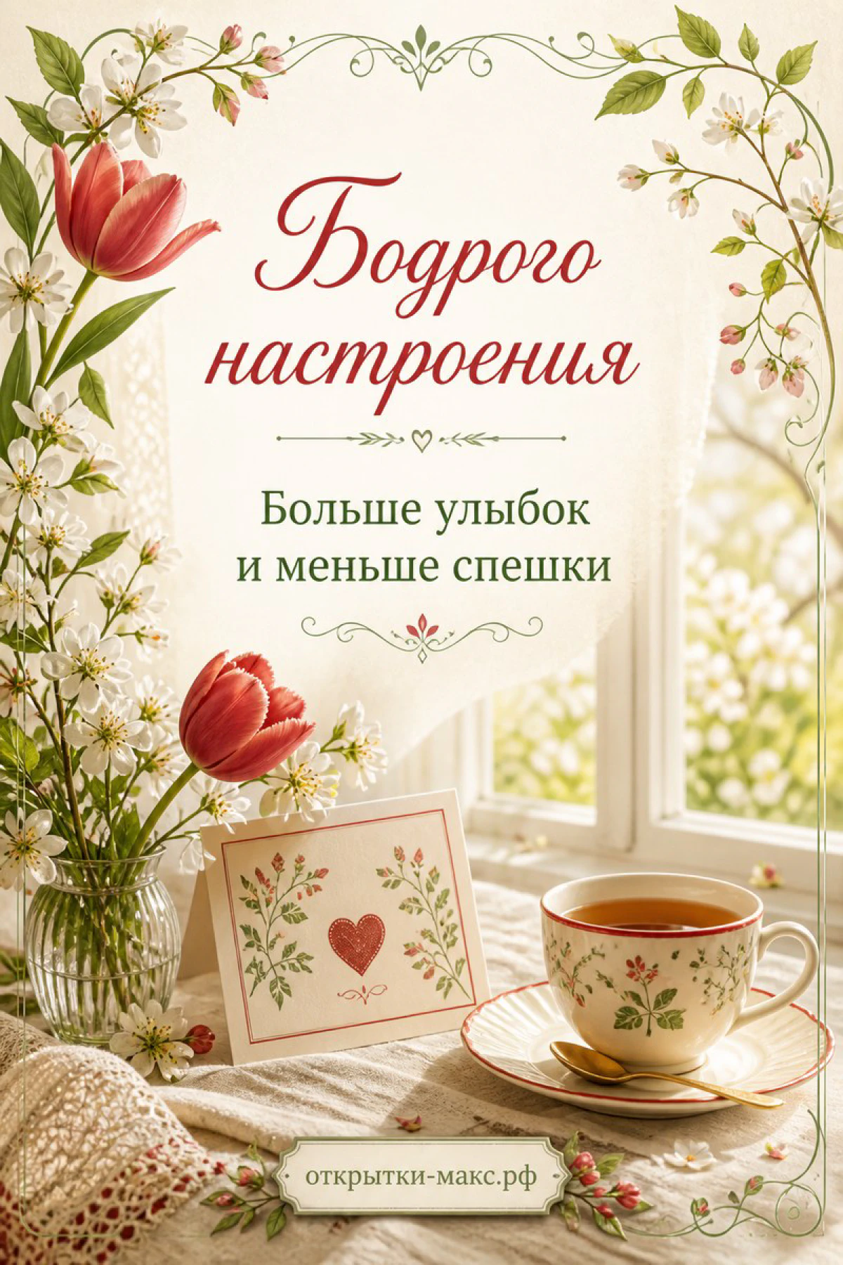 Чашка чая с росписью и красные тюльпаны у солнечного окна на кружевной скатерти