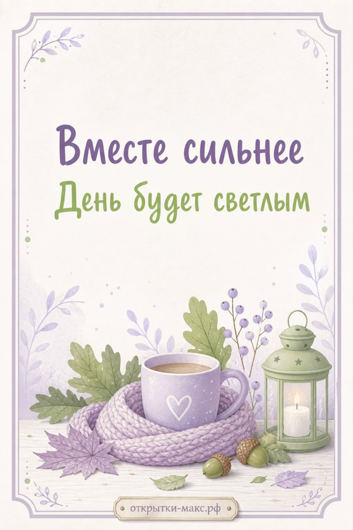 Уютная открытка настроения: чашка в шарфе, фонарь со свечой, жёлуди и осенние листья