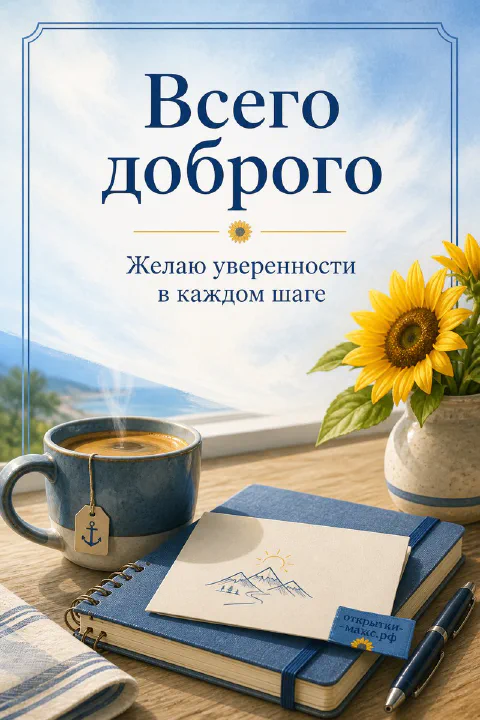 Синяя чашка чая с якорем и блокнот с рисунком гор на столе у моря с подсолнухом