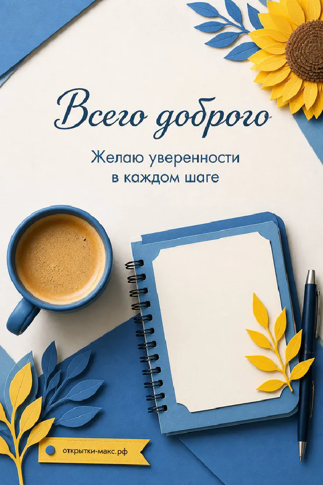 Синяя чашка чая с якорем и блокнот с рисунком гор на столе у моря с подсолнухом — вариант 3