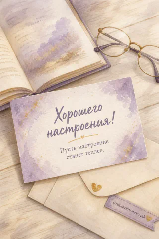 Открытка «Хорошего настроения» рядом с книгой, конвертом и круглыми очками на деревянном столе