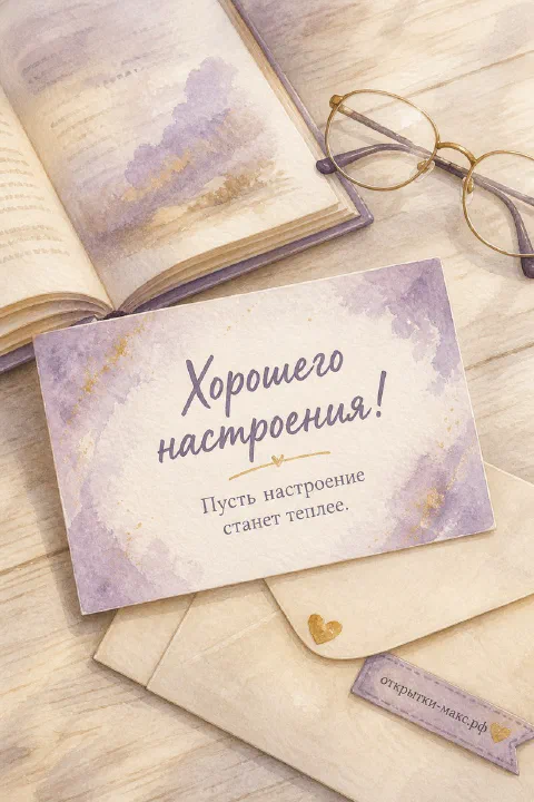 Открытка «Хорошего настроения» рядом с книгой, конвертом и круглыми очками на деревянном столе