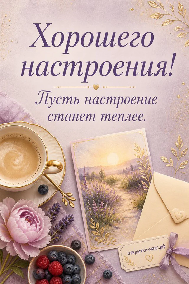 Открытка «Хорошего настроения» рядом с книгой, конвертом и круглыми очками на деревянном столе — вариант 2