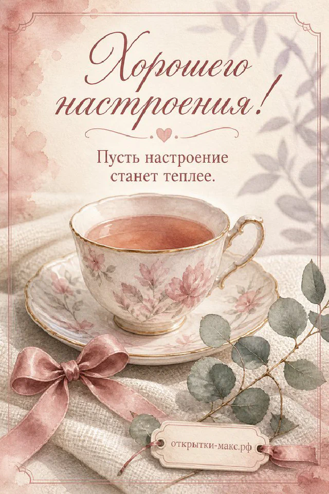 Открытка «Хорошего настроения» рядом с книгой, конвертом и круглыми очками на деревянном столе — вариант 3