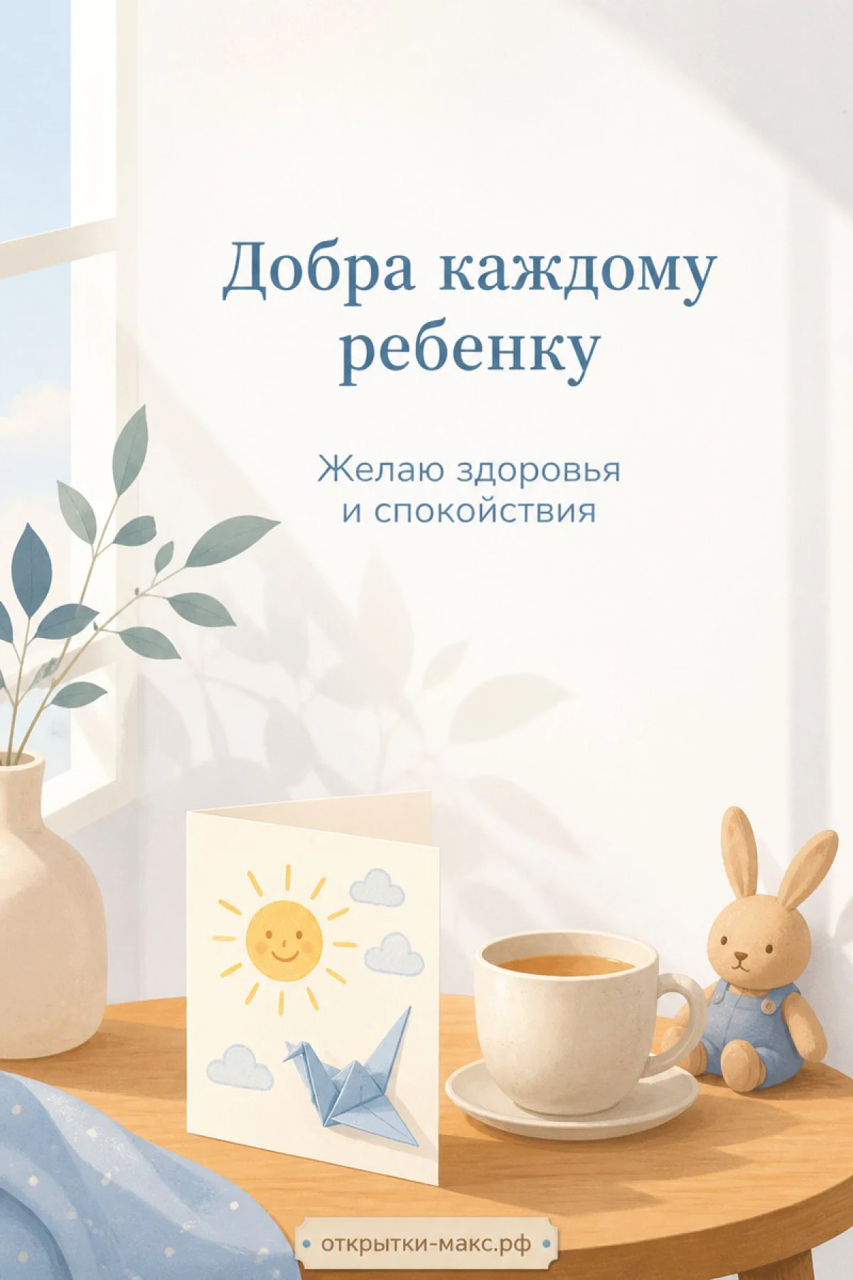 Открытка настроения с оригами-журавликом, плюшевым зайчиком и чашкой чая на белом столе