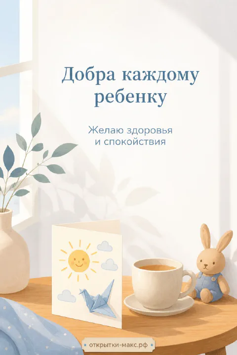 Открытка настроения с оригами-журавликом, плюшевым зайчиком и чашкой чая на белом столе