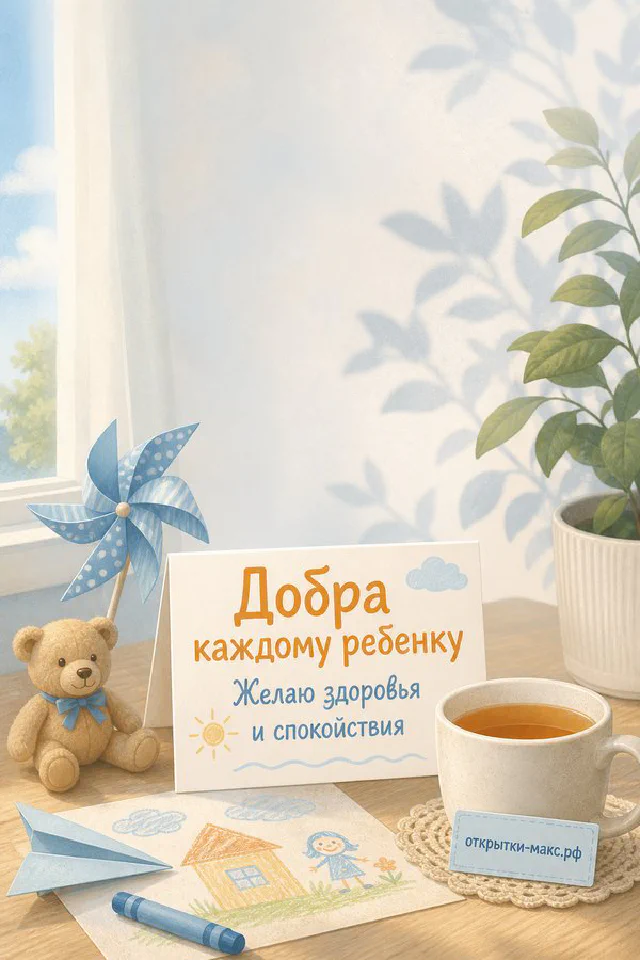 Открытка настроения с оригами-журавликом, плюшевым зайчиком и чашкой чая на белом столе — вариант 2