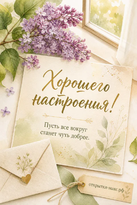 Акварельная открытка с сиренью, конвертами и запиской у солнечного окна, надпись «Хорошего настроения»