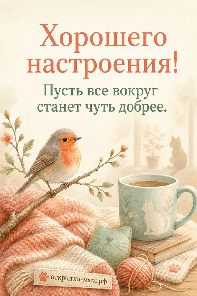 Акварельная открытка с сиренью, конвертами и запиской у солнечного окна, надпись «Хорошего настроения» — вариант 2