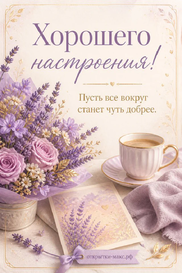 Акварельная открытка с сиренью, конвертами и запиской у солнечного окна, надпись «Хорошего настроения» — вариант 3