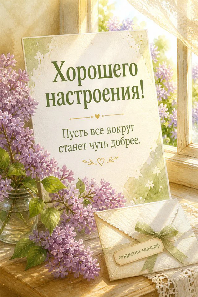 Акварельная открытка с сиренью, конвертами и запиской у солнечного окна, надпись «Хорошего настроения» — вариант 5