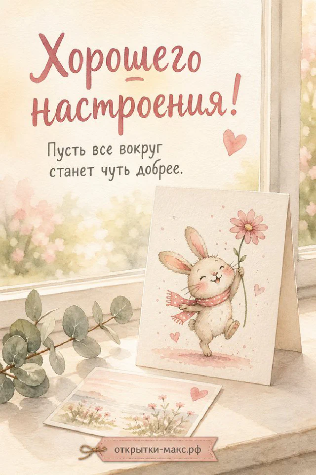 Акварельная открытка с сиренью, конвертами и запиской у солнечного окна, надпись «Хорошего настроения» — вариант 6