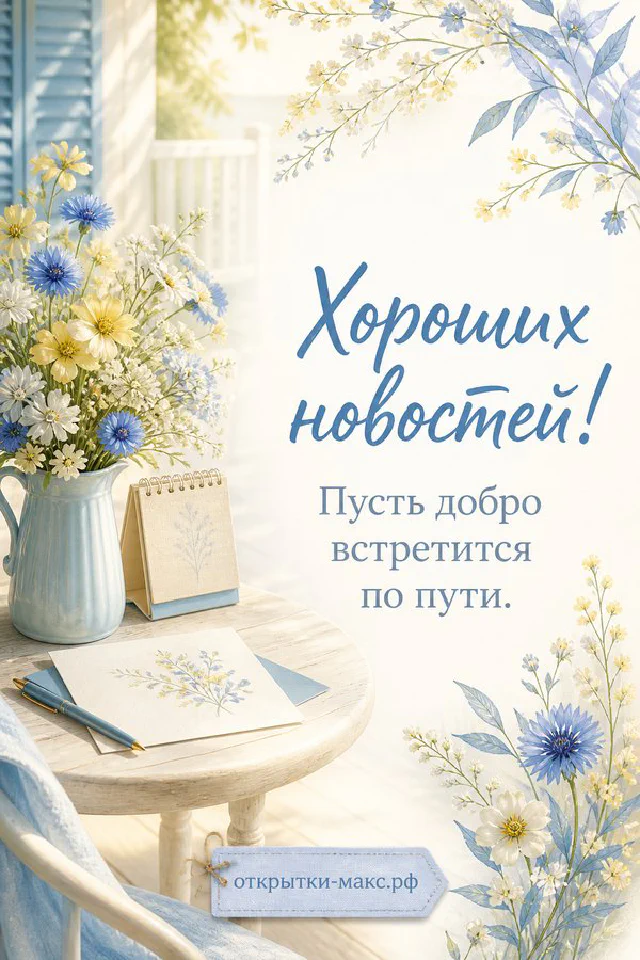 Чашка какао с маршмеллоу и вязаный шарф у заснеженного окна с открыткой «Хороших новостей» — вариант 3