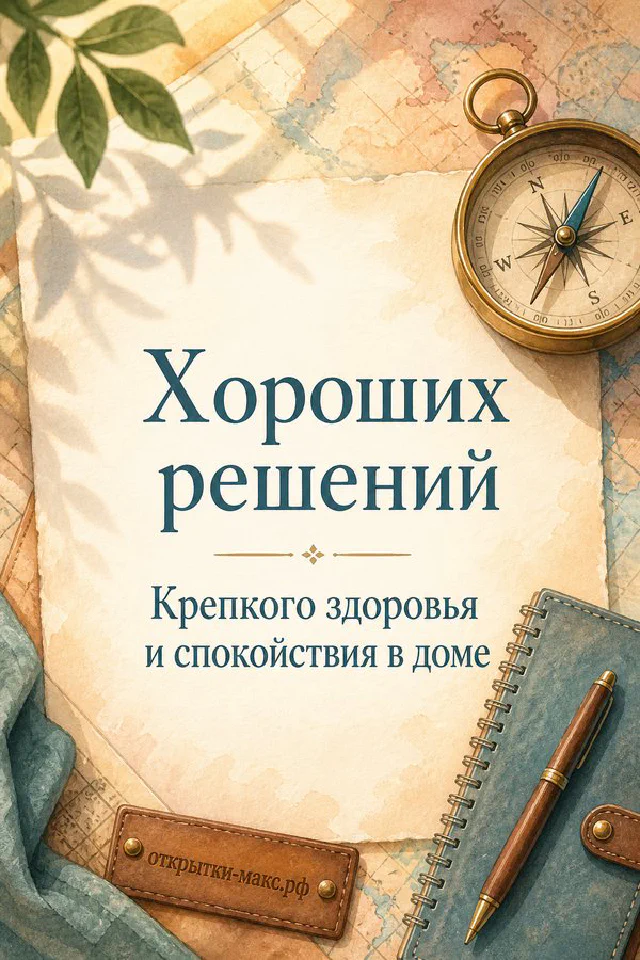 Чашка кофе с блюдцем, зелёный ежедневник и цветы вишни с пожеланием хороших решений — вариант 2