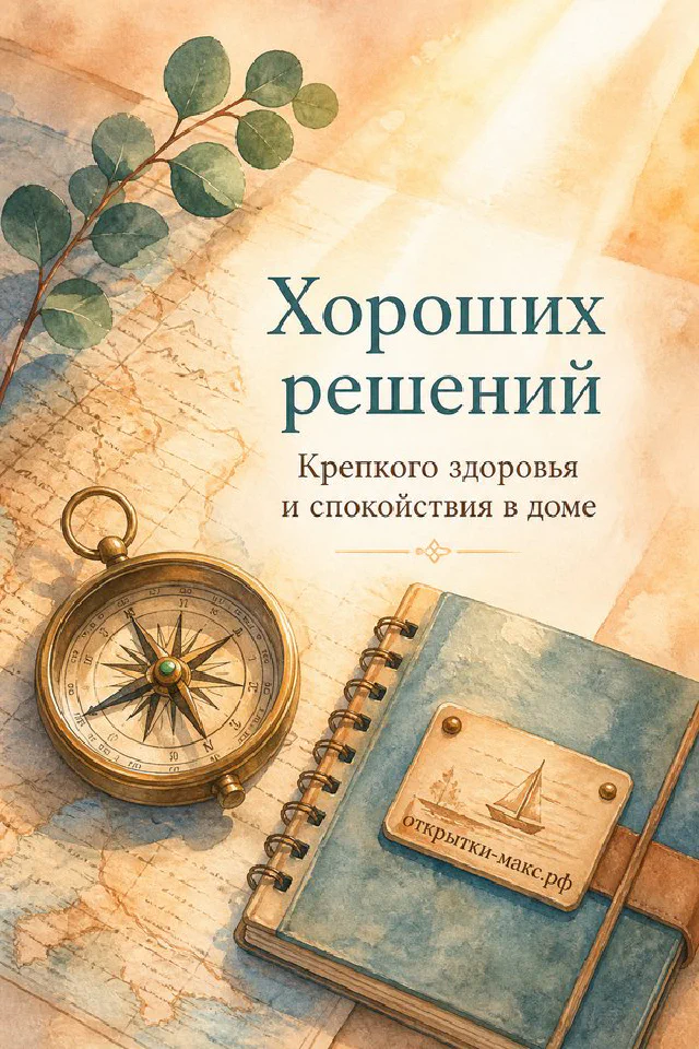 Чашка кофе с блюдцем, зелёный ежедневник и цветы вишни с пожеланием хороших решений — вариант 3