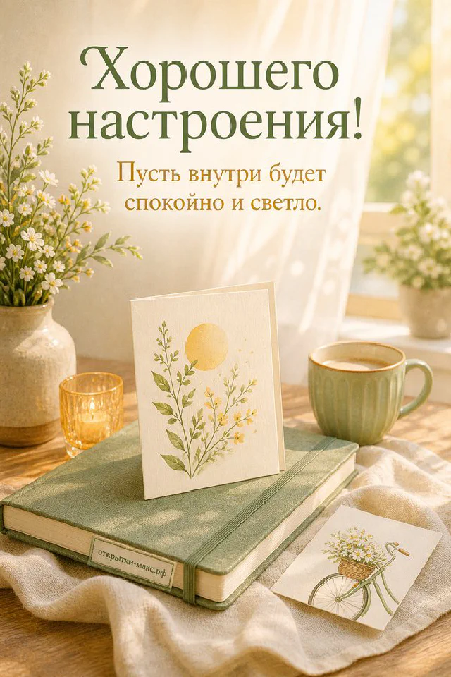 Кружка зелёного чая и кленовые листья с акварельной карточкой на деревянной поверхности осенью — вариант 2