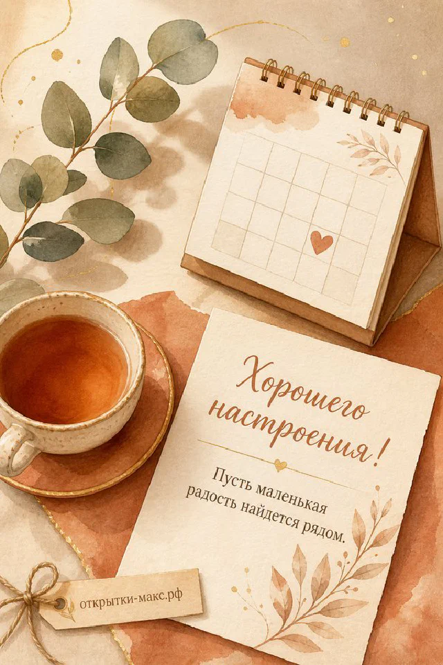 Кружка чая и миска малины рядом с открыткой «Хорошего настроения» на персиковом пледе — вариант 2