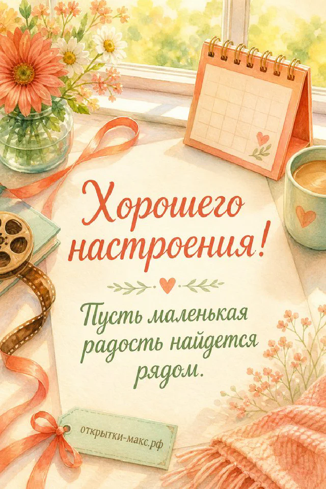 Кружка чая и миска малины рядом с открыткой «Хорошего настроения» на персиковом пледе — вариант 3