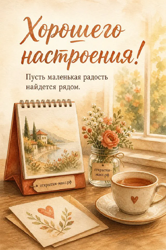 Кружка чая и миска малины рядом с открыткой «Хорошего настроения» на персиковом пледе — вариант 4