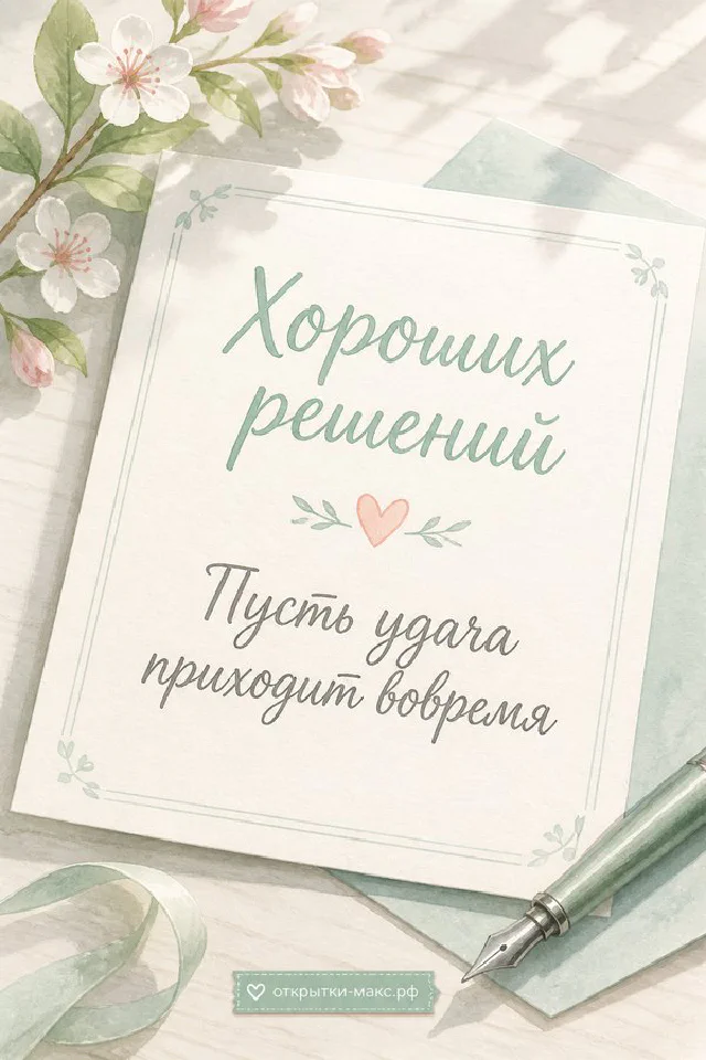 Акварельная открытка с розовым цветком и листьями на белой ткани с надписью «Хороших решений» — вариант 2