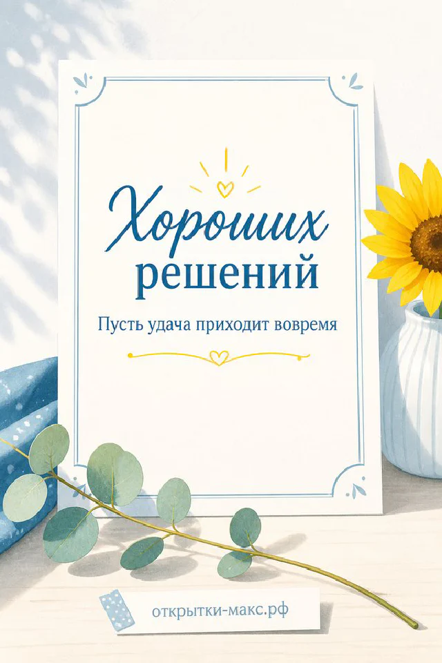 Акварельная открытка с розовым цветком и листьями на белой ткани с надписью «Хороших решений» — вариант 3