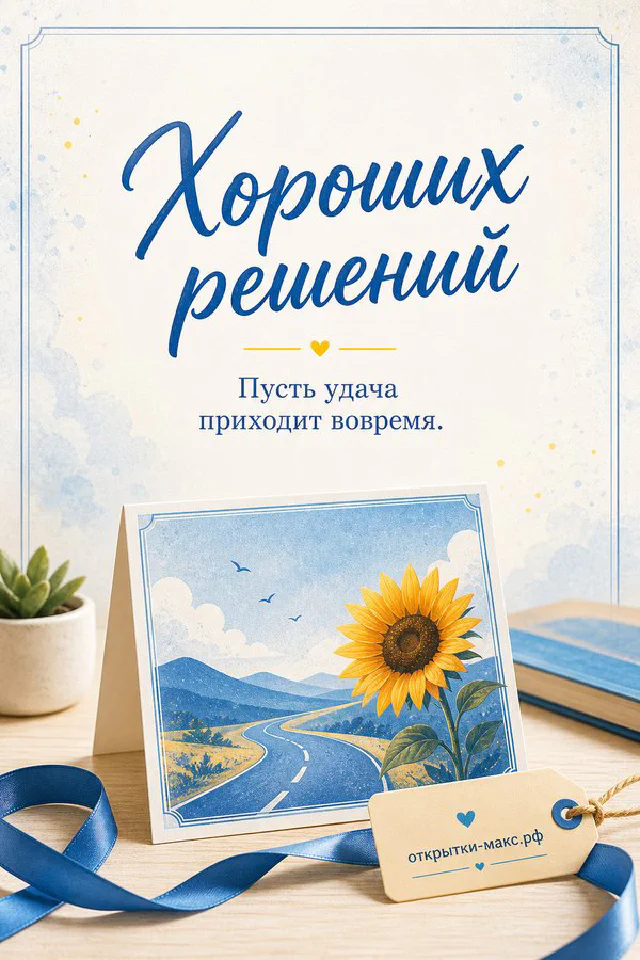 Акварельная открытка с розовым цветком и листьями на белой ткани с надписью «Хороших решений» — вариант 4