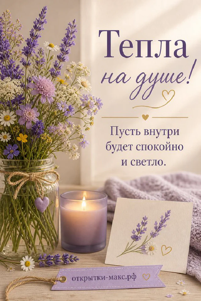 Открытка с ботаническим кленовым рисунком среди осенних листьев, кружка чая и огни гирлянды на светлом фоне — вариант 2