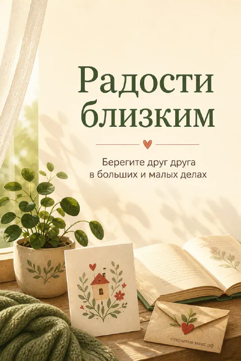 Горшечный цветок пеперомия, книга с открыткой домика и крафтовый конверт у окна, надпись «Радости близким»