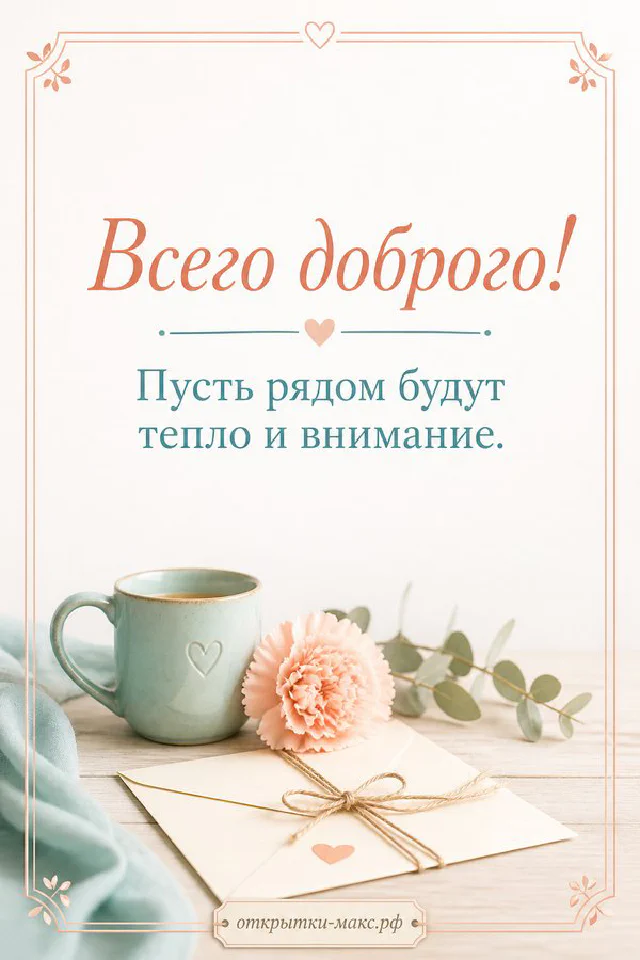 Голубая открытка «Всего доброго» в окружении бумажных цветов, книги с сердечком и чашки чая — вариант 2