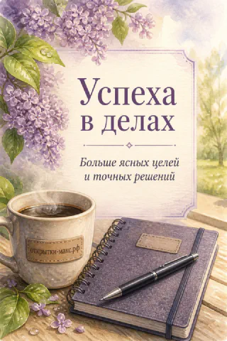 Кружка кофе и блокнот с ручкой на деревянном столе с сиренью на акварельном фоне
