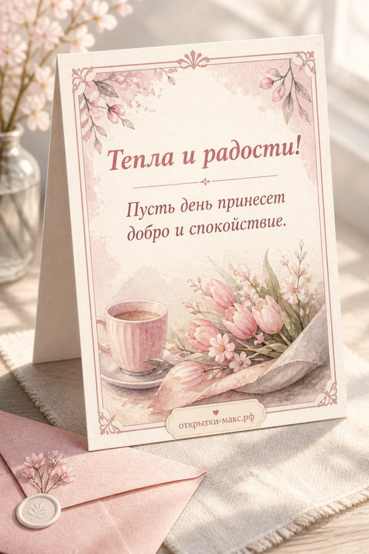 Розовые тюльпаны и чашка кофе на карточке с надписью Тепла и радости на светло-розовом фоне