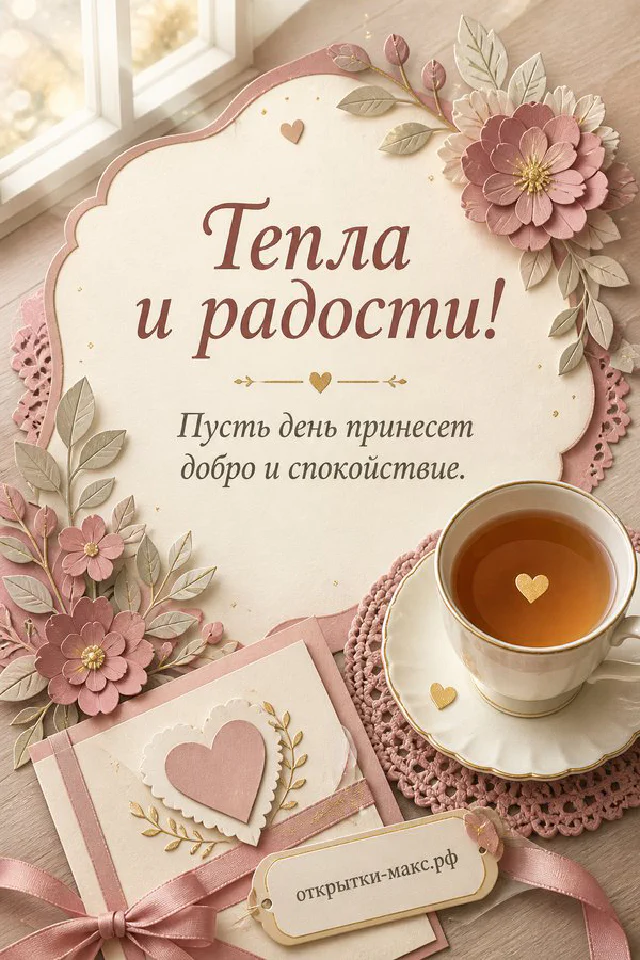 Розовые тюльпаны и чашка кофе на карточке с надписью Тепла и радости на светло-розовом фоне — вариант 2