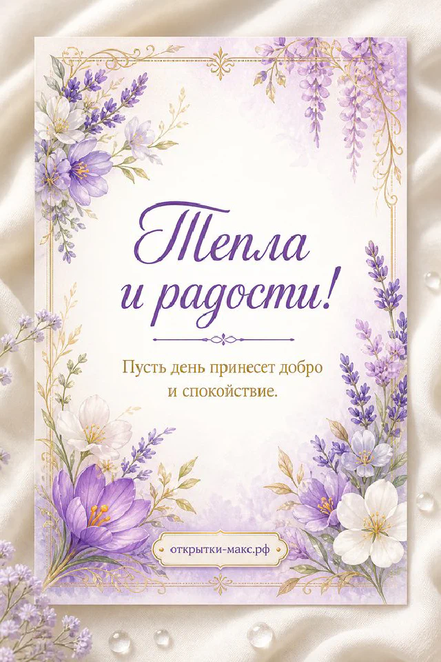 Розовые тюльпаны и чашка кофе на карточке с надписью Тепла и радости на светло-розовом фоне — вариант 3