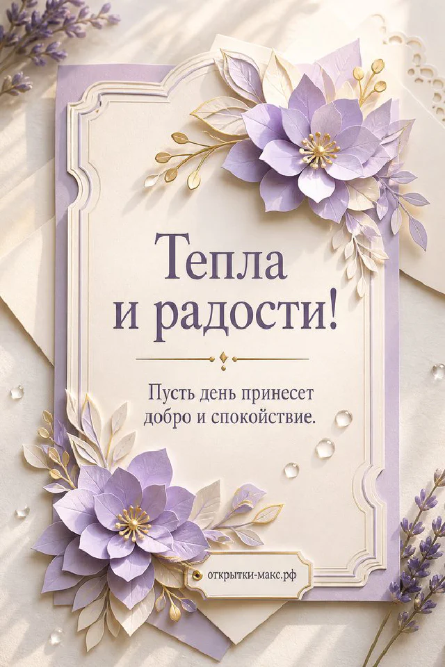 Розовые тюльпаны и чашка кофе на карточке с надписью Тепла и радости на светло-розовом фоне — вариант 7