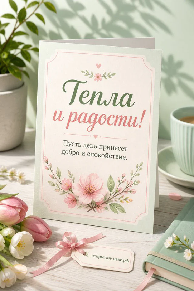 Розовые тюльпаны и чашка кофе на карточке с надписью Тепла и радости на светло-розовом фоне — вариант 8